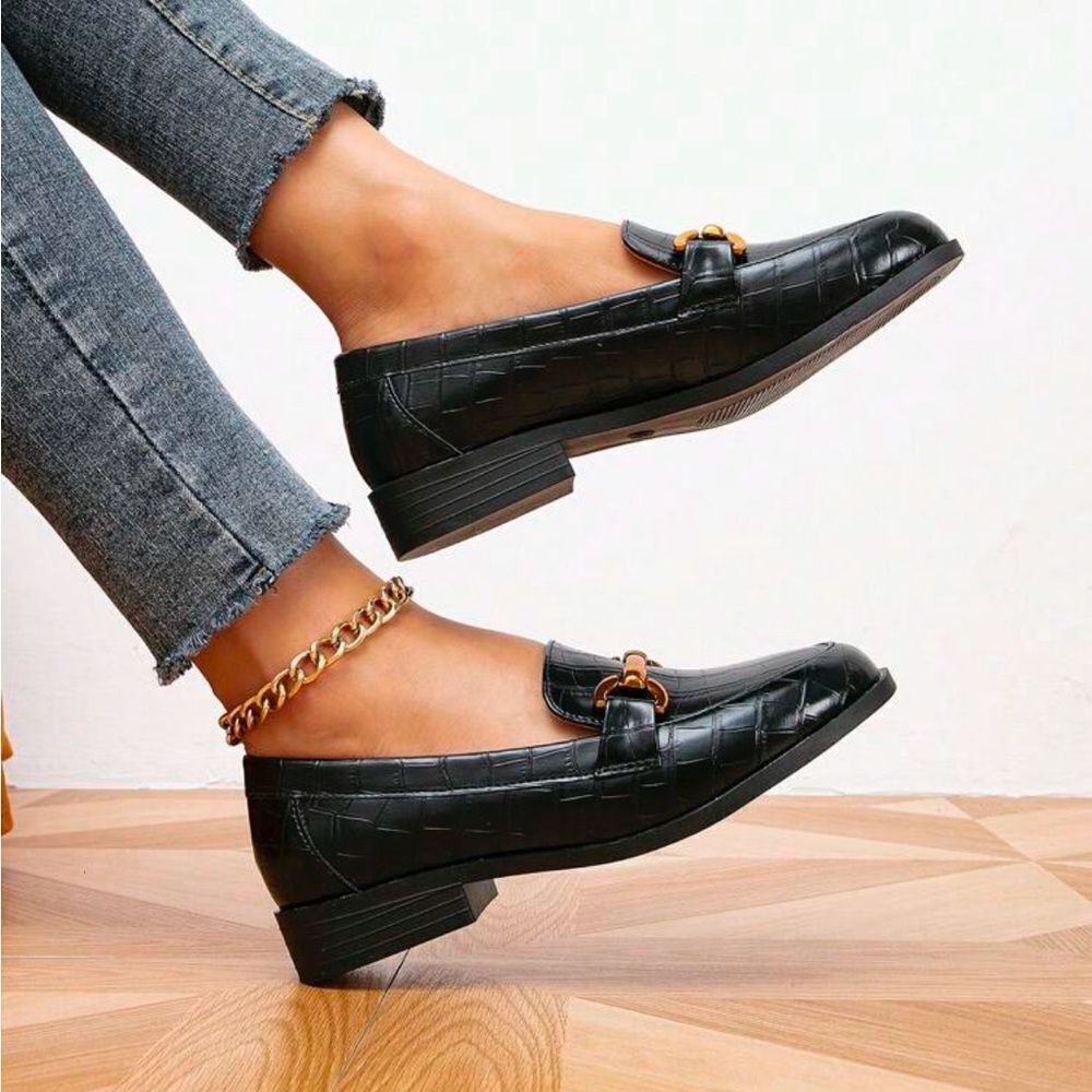 Black Croc-Embossed Loafers with Gold Chain